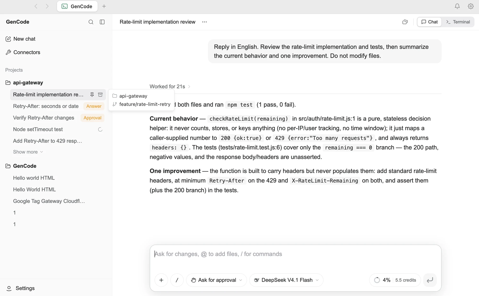 GenCode desktop workspace with projects, coding tasks and model selection.