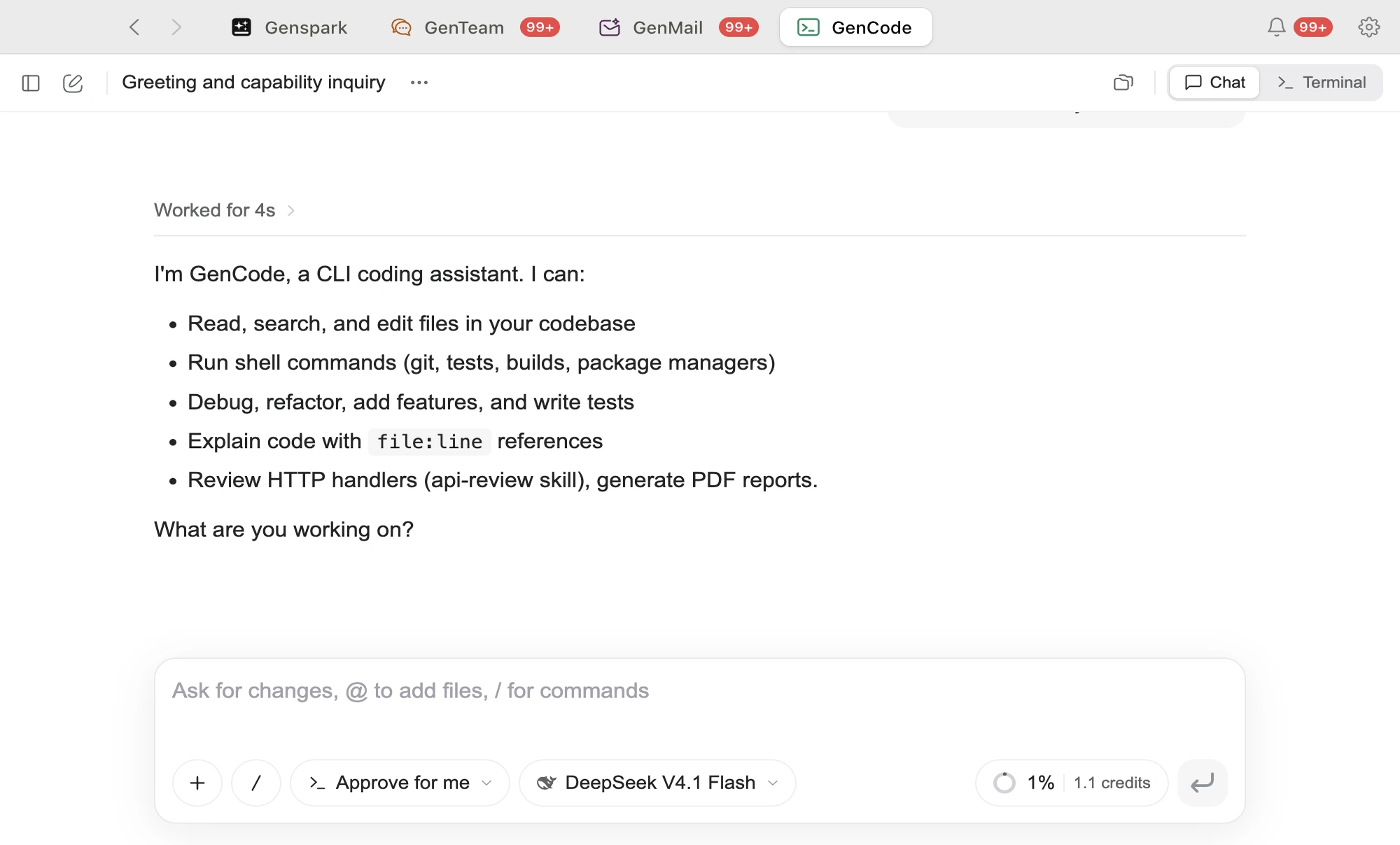 GenCode Chat UI with a conversation thread and the prompt composer
