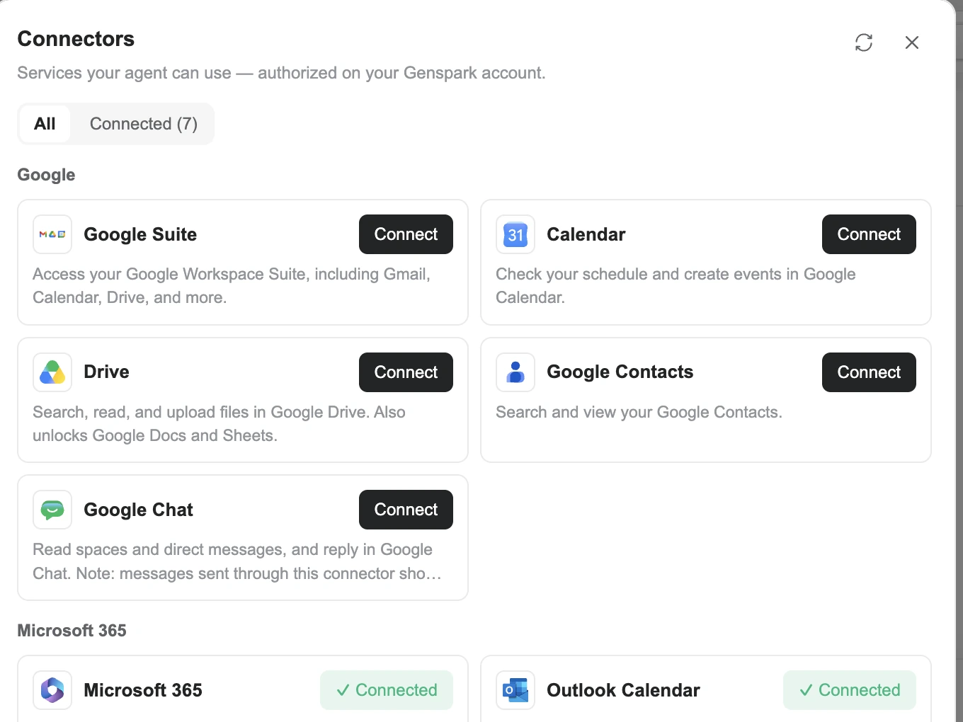 Connectors dialog showing Google and Microsoft 365 services authorized on your Genspark account