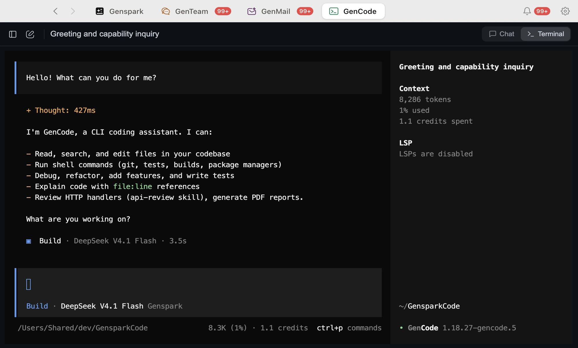 GenCode Terminal UI with the same conversation, context usage and MCP status