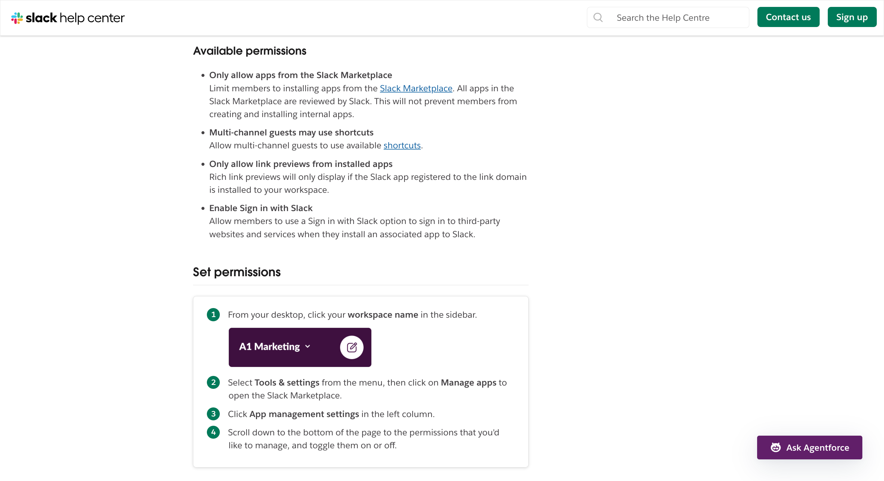 Slack workspace app management settings